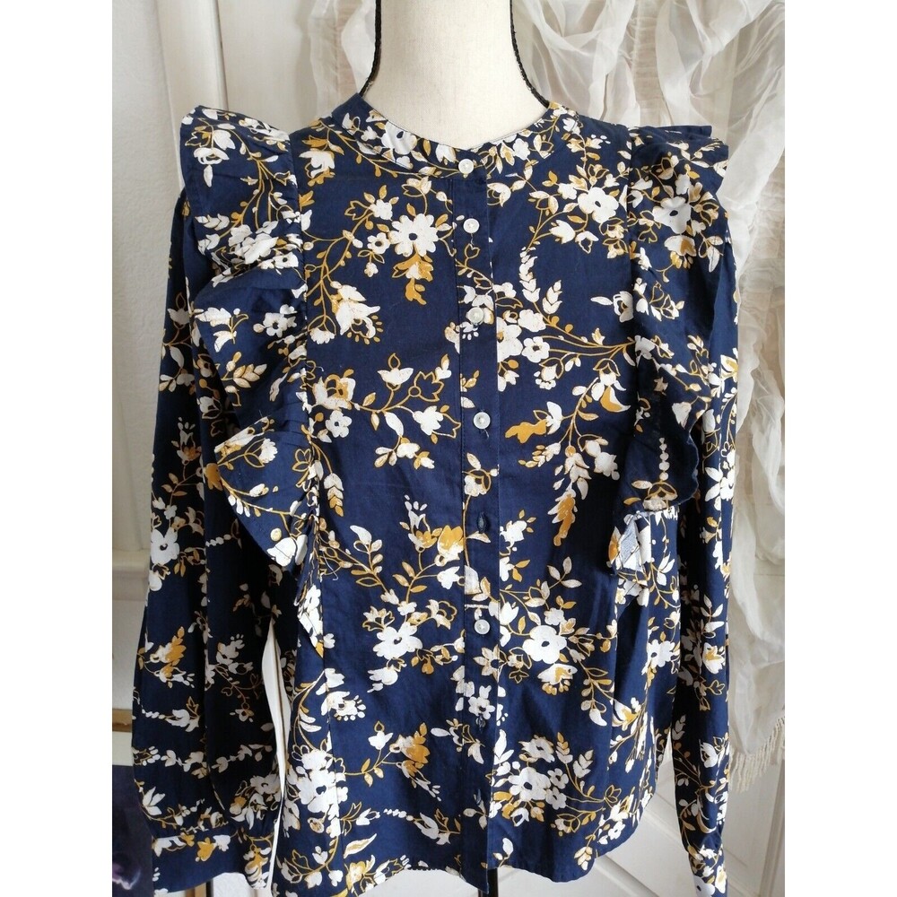 J CREW Women Blouse Raffle Accent Navy Yellow White Floral Size L
